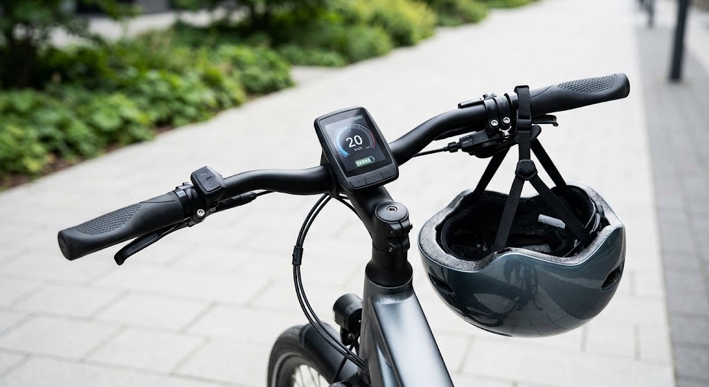 E-バイクのハンドル部分と、安全のために着用すべきヘルメットのアップ。