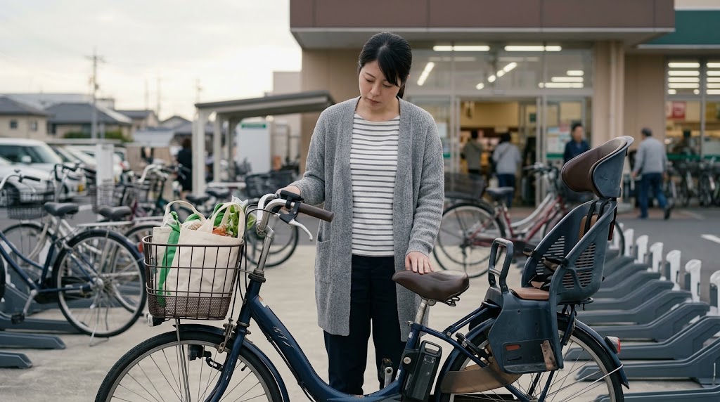 スーパーの駐輪場で、買い物袋をカゴに入れた少し古びた子乗せ電動自転車を、買い替えを検討する曇った表情で見つめる日本の女性