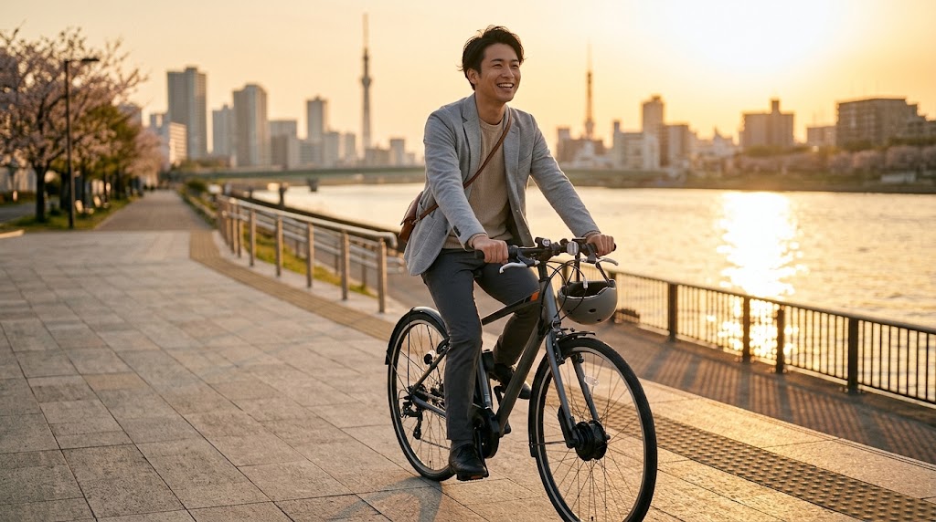 夕暮れの美しいリバーサイド沿いを電動クロスバイクで心地よく通勤・サイクリングする日本人のスマートなライフスタイル