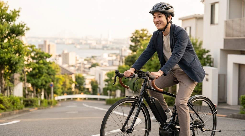 夕暮れ時の景色の良い丘で、最新のプレミアム電動アシスト自転車を軽快に、そして 笑顔で走らせる日本人の男性。快適で洗練された移動体験を象徴している。