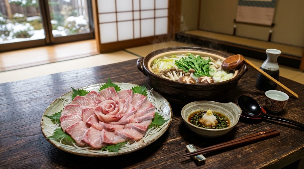 11月に解禁される脂の乗った旬の伊根ブリの薄切り刺身と出汁が香る名物ぶりしゃぶの和食御膳