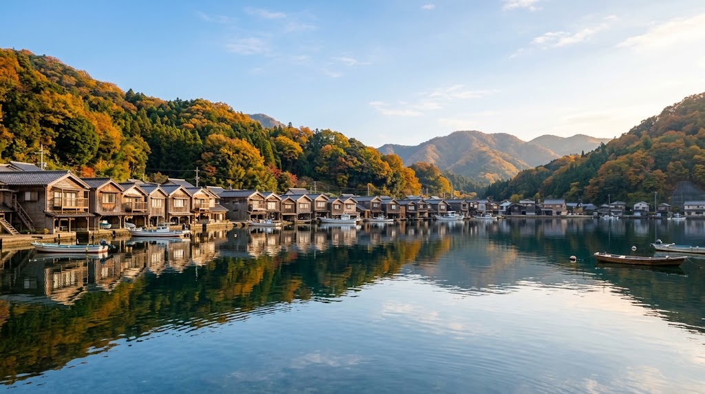 11月の澄み渡る秋晴れの下、穏やかな伊根湾の水面に美しく映り込む伝統的な伊根の舟屋群