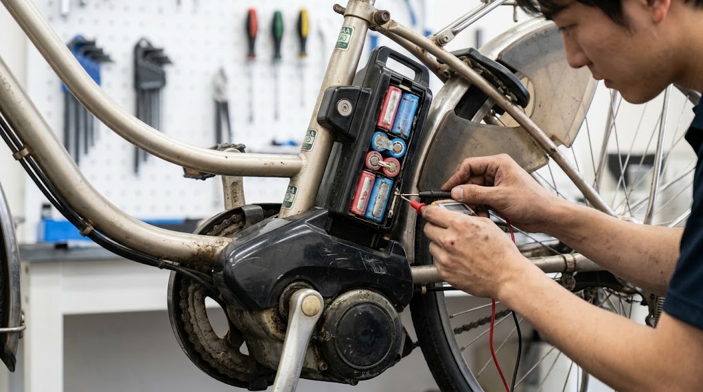 明るく整備された自転車修理店で、整備士が古い電動自転車のモーターユニット付近を点検しており、内部の経年劣化や磨耗が示唆される様子