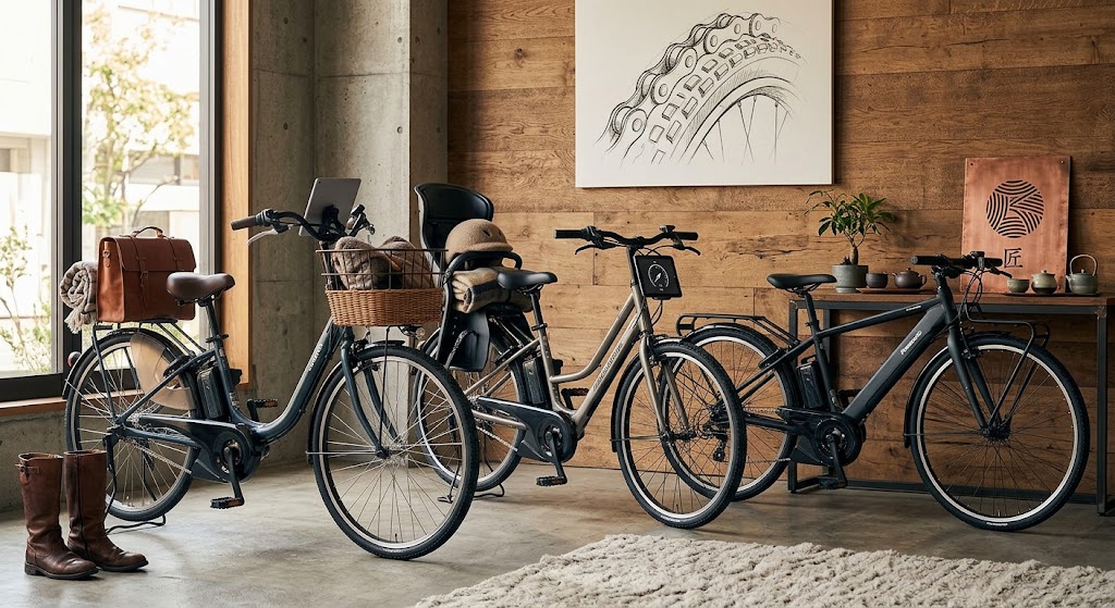 ヤマハPAS、ブリヂストンサイクル、パナソニックサイクルテックの3社の電動アシスト自転車が、洗練されたモダンなショールームに並んでいる様子。
