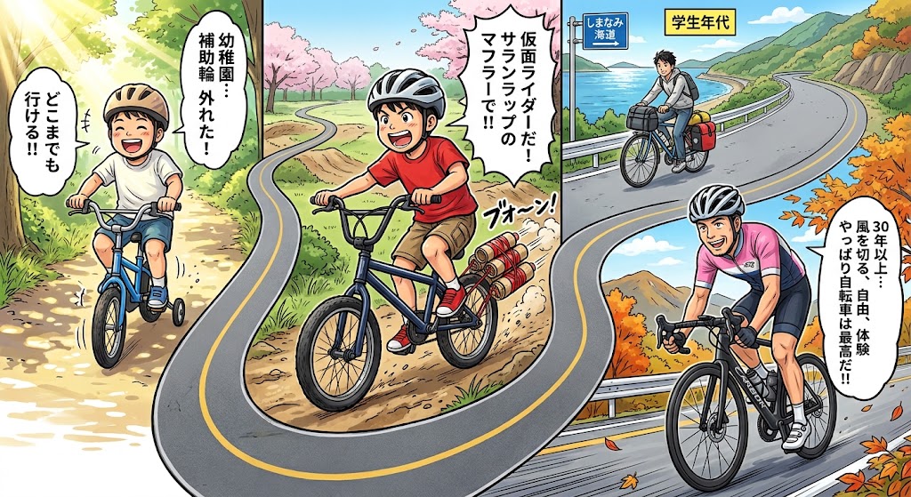 男性の30年以上の自転車人生を描いた、4コマ漫画風のイラスト。