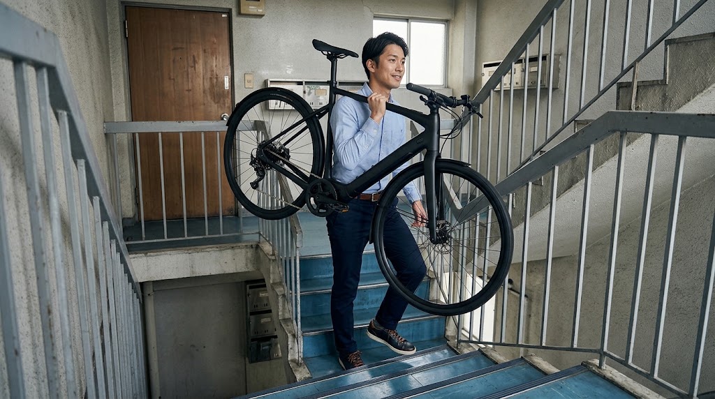 エレベーターのない集合住宅の、少し年季の入ったコンクリート階段。ビジネスカジュアルな服装の日本人男性が、スペシャライズドの超軽量E-バイク「VADO SL」を片手で軽々と担ぎ上げ、上階へ運んでいる。