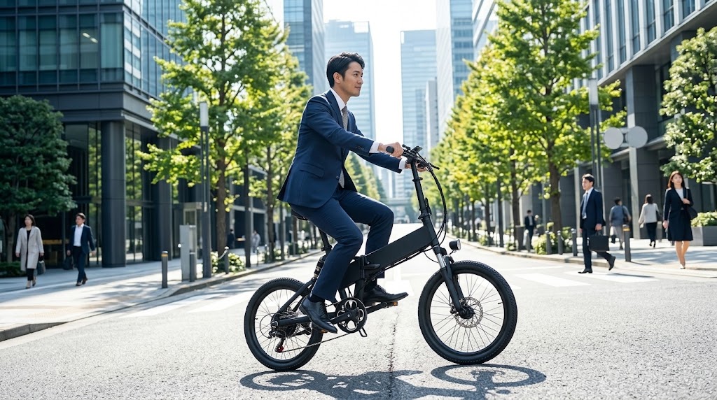 スーツ姿の日本人男性がマットブラックのMOVE S電動アシスト自転車で都市の坂道を軽快に駆け上がる通勤風景