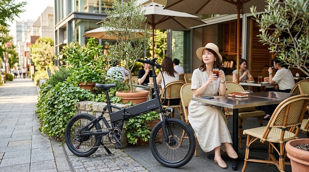 洗練されたカフェテラスの傍らに駐輪されたMOVE S電動アシスト自転車と優雅な休日のライフスタイル