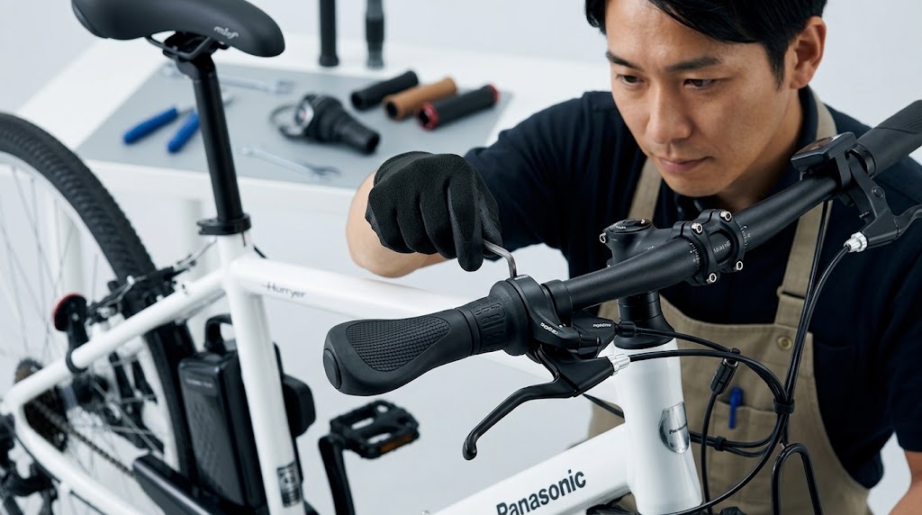 パナソニックの電動アシスト自転車「ハリヤ」のハンドル部分をカスタムする日本人整備士の手。標準のグリップを人間工学に基づいたエルゴノミクス形状グリップとトリガーシフトに交換し、操作性と快適性を向上。角度調整式ステムも装着。