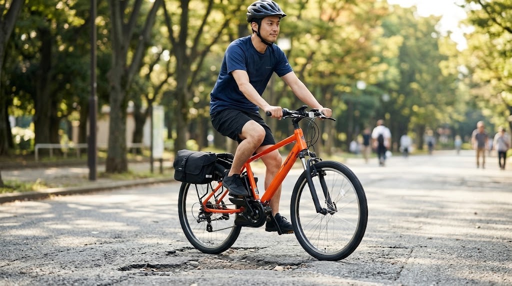パナソニックの電動アシスト自転車「ハリヤ」(オレンジ色)に乗り、荒れた都市部の路面をスムーズに走行する日本人男性。サスペンションフォークと太いタイヤが衝撃を吸収し、快適な乗り心地を表現。