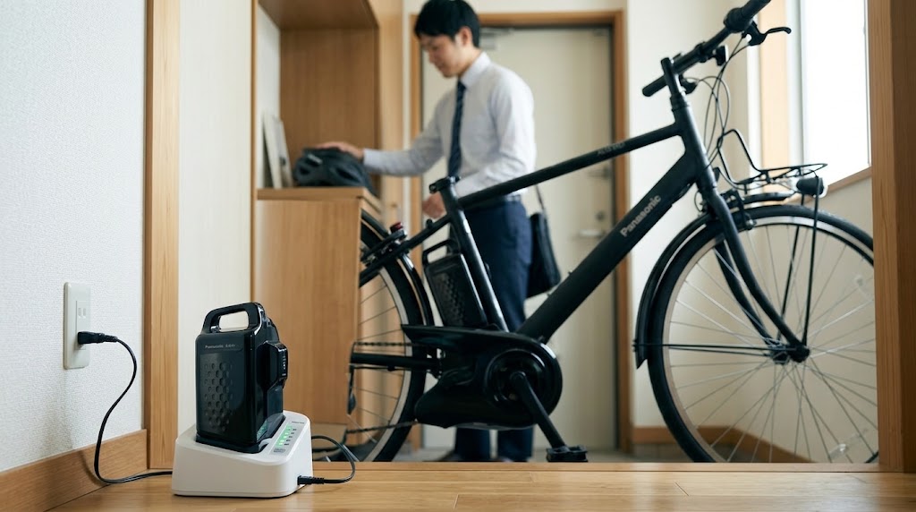 パナソニックの電動アシスト自転車ベロスターの充電器に接続し、バッテリーを充電している様子。