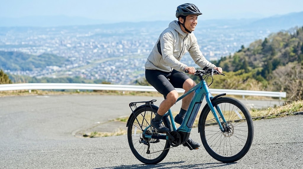 急な坂道を軽快に登るパナソニックの電動アシスト自転車XEALT S5と、笑顔でペダルを漕ぐ日本人男性のサイクリスト。遠景には街並みと青空が広がる。