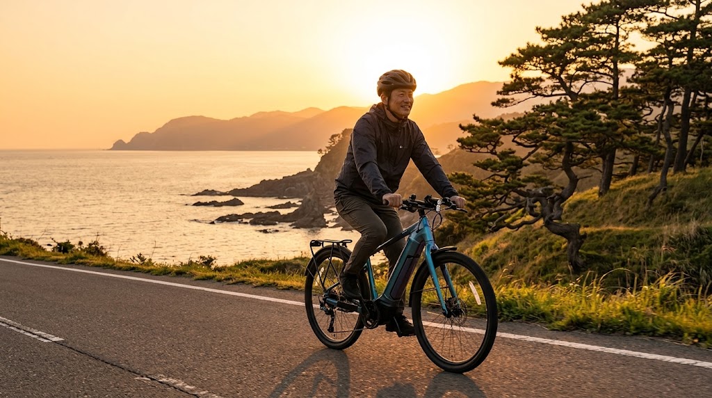 夕暮れ時、海沿いの絶景ロードを颯爽と走るパナソニックの電動アシスト自転車XEALT S5と、充実した表情の日本人男性サイクリスト。黄金色の光が全体を包む。