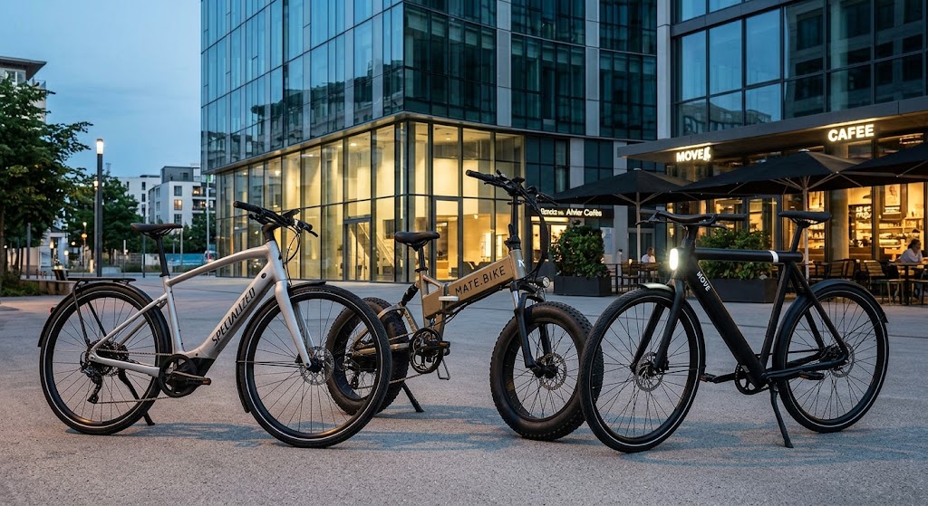 スペシャライズド、MATE.BIKE、MOVEの、デザイン性の高いプレミアムE-バイクが並ぶ様子。