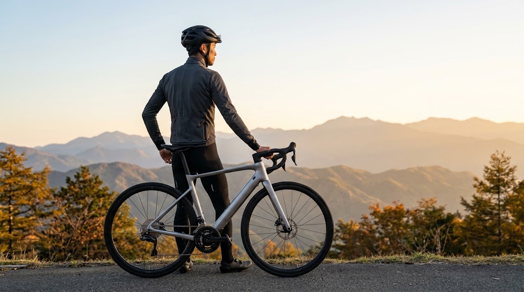 山頂の絶景ポイントに停められた、洗練されたデザインの高級電動アシスト自転車(E-bike)と、遠くの山並みを眺める日本人男性サイクリスト。