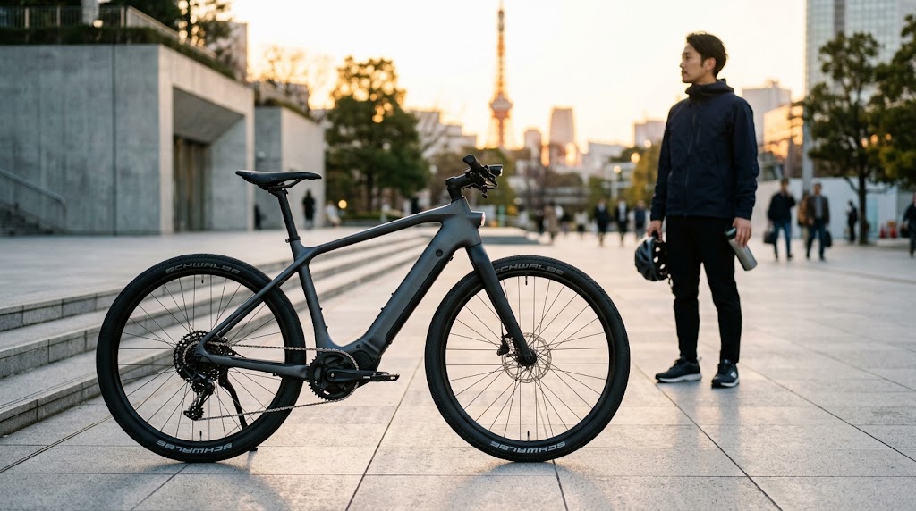夕暮れの都市部広場に佇む洗練された高級スポーツeBikeと日本人サイクリスト