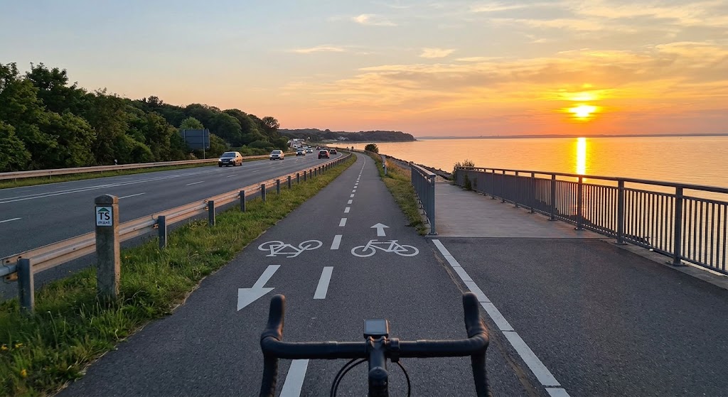 夕暮れ時の自転車道で、正しい交通ルールを守って走るE-バイクの視点。