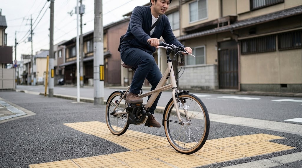 点字ブロックのある舗装路を走行中、路面からの振動が伝わる様子を、わずかに顔をしかめて耐える日本人男性ライダーのクローズアップ。