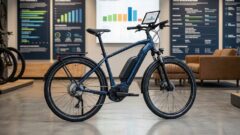 高級感のあるE-バイクショップで、タブレットを手に信頼できる情報を探す様子。