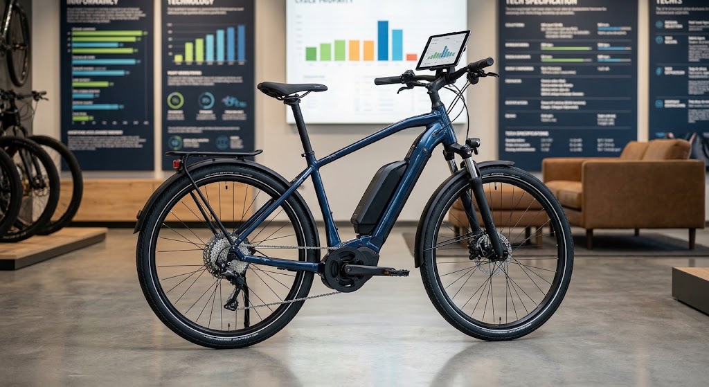 高級感のあるE-バイクショップで、タブレットを手に信頼できる情報を探す様子。