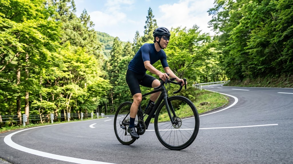 緑豊かな山間部の緩やかな坂道を、シッティングポジションでリラックスして登る日本人男性サイクリスト。