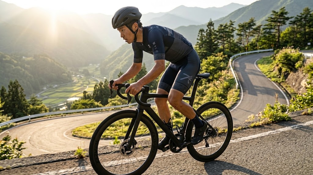 軽量カーボンロードバイクで日本の美しい山岳ワインディングロードを軽快に登坂する日本人サイクリスト