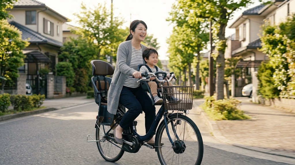 晴れた日に、最新の安全技術を搭載した新品のハイエンド子乗せ電動自転車に子どもを乗せ、笑顔で日本の街並みを走る日本人女性