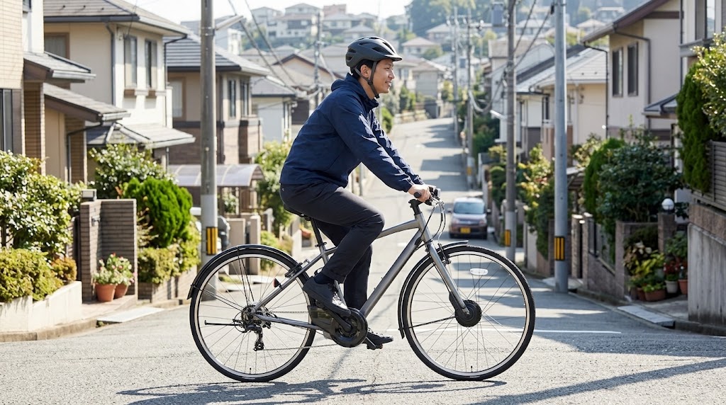 急勾配の坂道を前輪駆動のアシストで力強く軽快に登り切る電動クロスバイクに乗った日本人サイクリストの様子