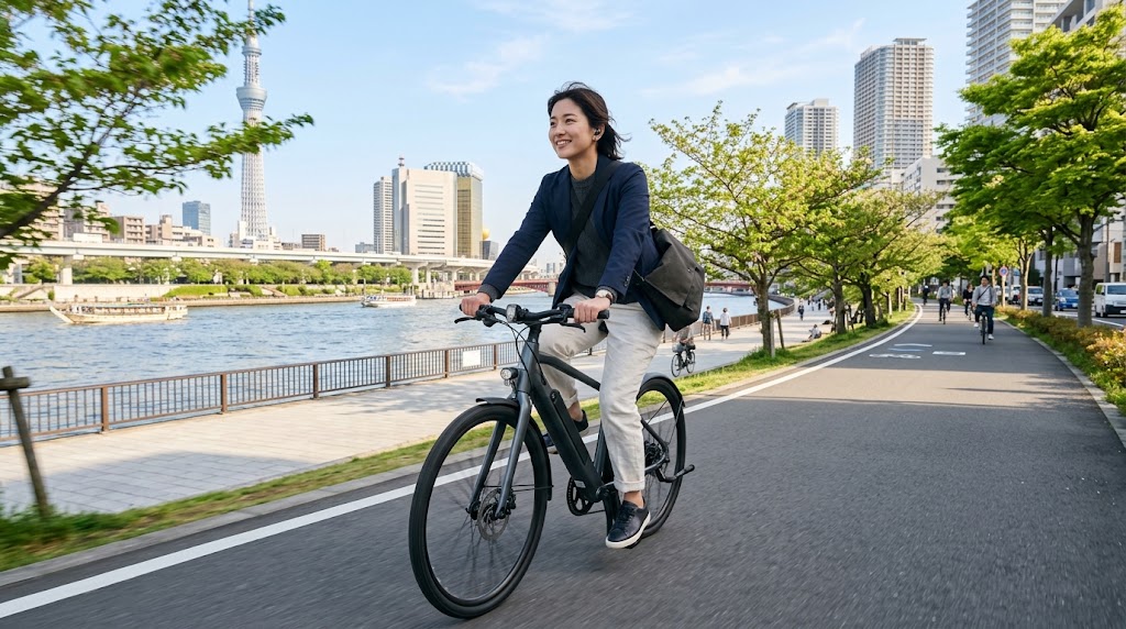 朝の都市沿いの道を軽快かつスマートに走行する日本人通勤ライダーと電動アシスト自転車