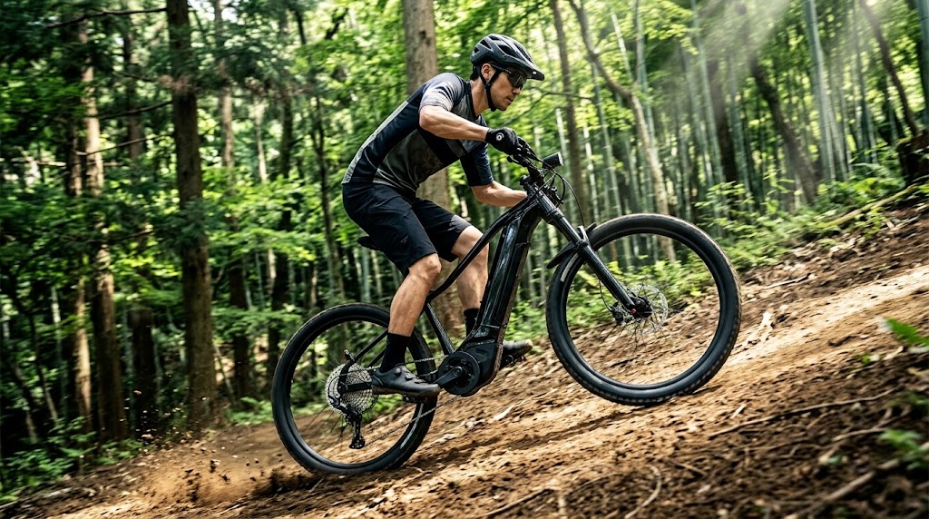 急勾配の山道トレイルを力強くスムーズに登坂する電動アシストマウンテンバイク（e-MTB）の走行シーン