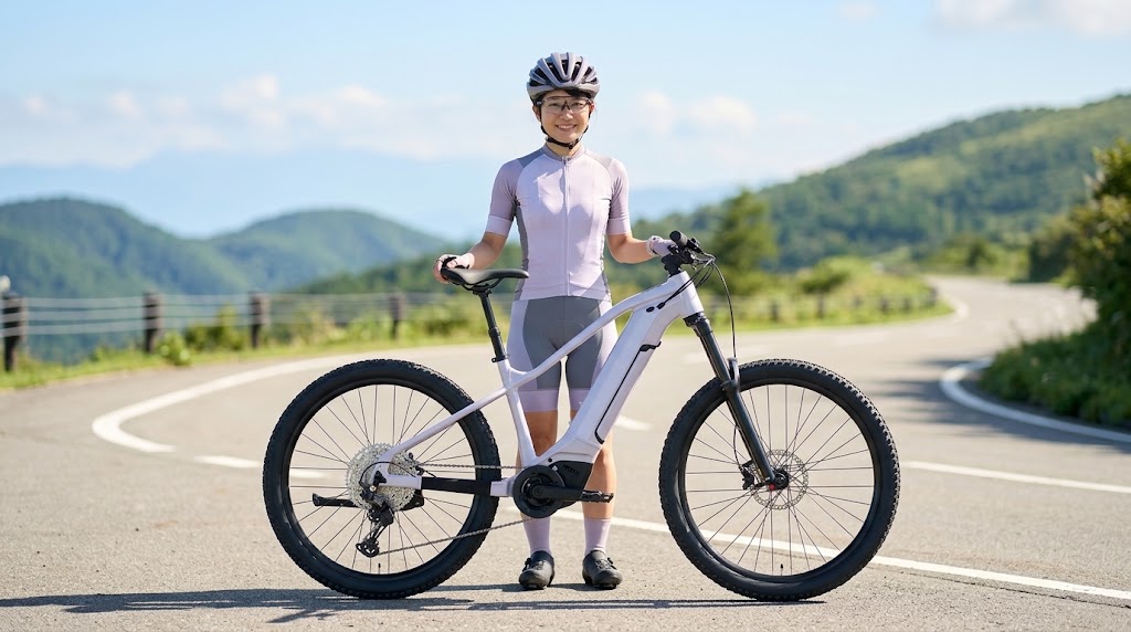 足つき性に優れた低床フレームのe-MTBの傍らでリラックスした表情を見せる小柄な日本人サイクリスト
