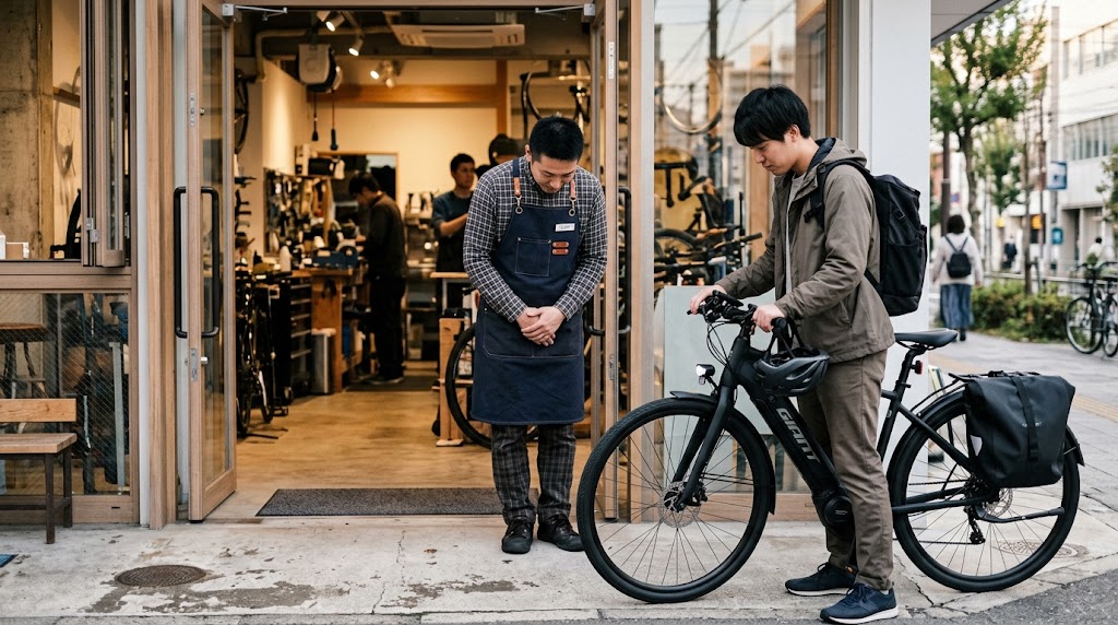 自転車店の店頭で電動アシスト自転車の修理受付を断られ困惑する日本人客と申し訳なさそうに対応するメカニック