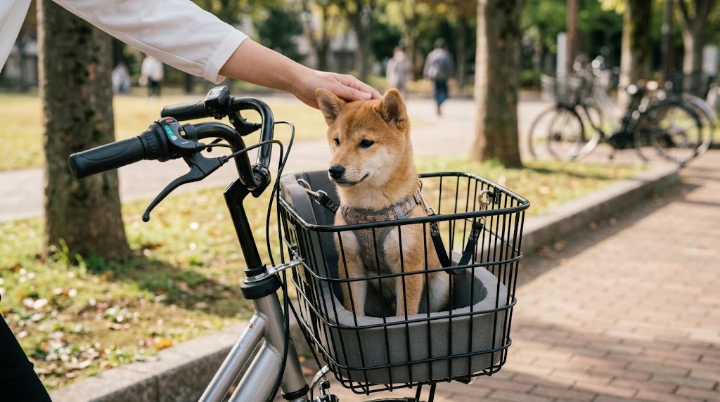 幅広両立ワイドスタンドで安定駐輪された自転車の前カゴでハーネスと短いダブルリードを装着した柴犬