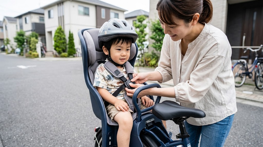 日本の住宅街で、日本人母親が子供を電動自転車の後ろ乗せチャイルドシートに座らせ、エッグショック素材で守られた頭部保護構造とシートベルトを優しく固定している、安全思想に基づいた写真。