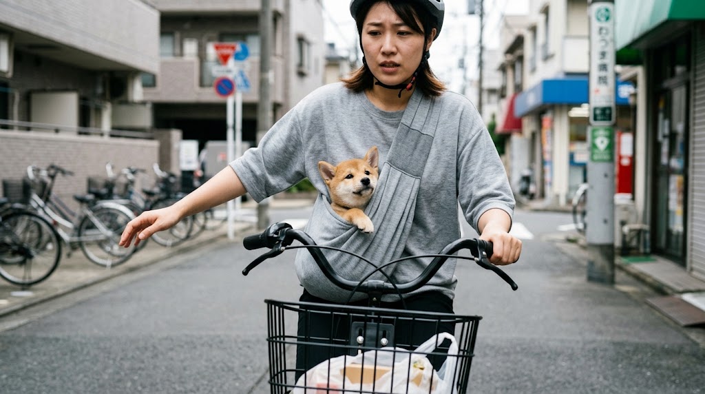 布製スリングで小型犬を抱っこしながら自転車を運転しバランスを崩しそうになる危険な場面