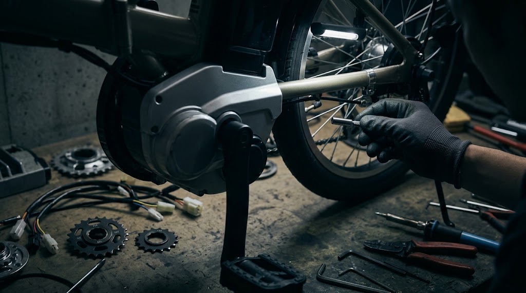 暗いガレージで、パナソニックのオフタイム電動アシスト自転車のドライブユニット周辺に、社外品のマグネットリングや工具、配線が置かれ、複雑なリミッター解除改造が行われている様子。