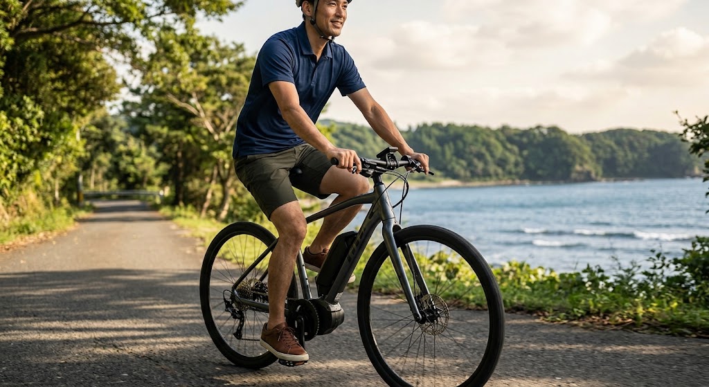 海沿いの爽快な道路を、ヘルメットを着用して電動アシスト自転車(e-bike)で軽快に走る日本人男性サイクリスト。