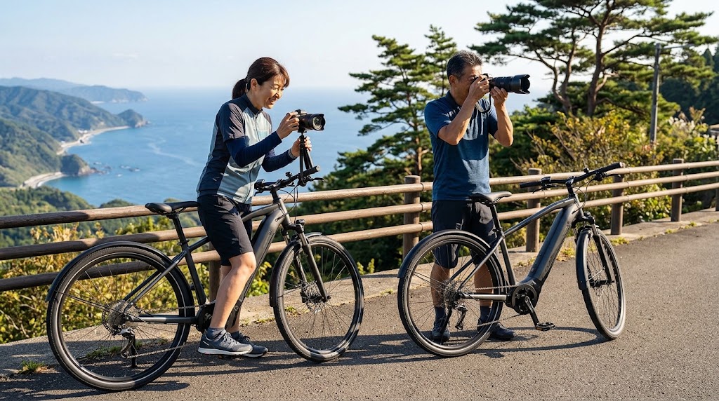 e-Bikeと片面SPDペダルを活用し、景勝地で快適に風景撮影を楽しむ日本人夫婦サイクリスト。