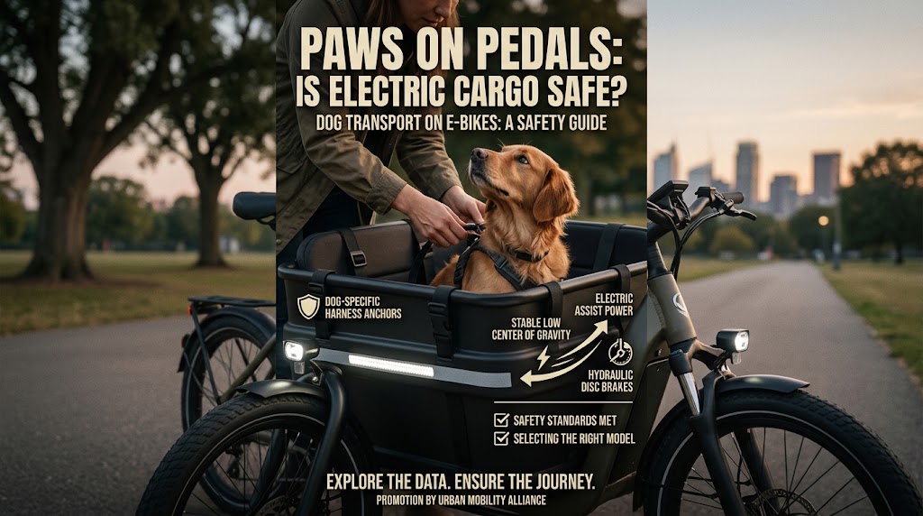 安全ハーネスと低重心カーゴボックスを備えた犬乗せ専用の電動アシスト自転車。英語の安全機能解説テキスト入り。