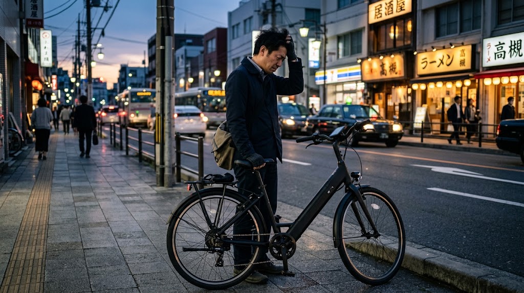 電動アシスト自転車の突然のエラー停止により道端で困り果てる日本人通勤者の様子
