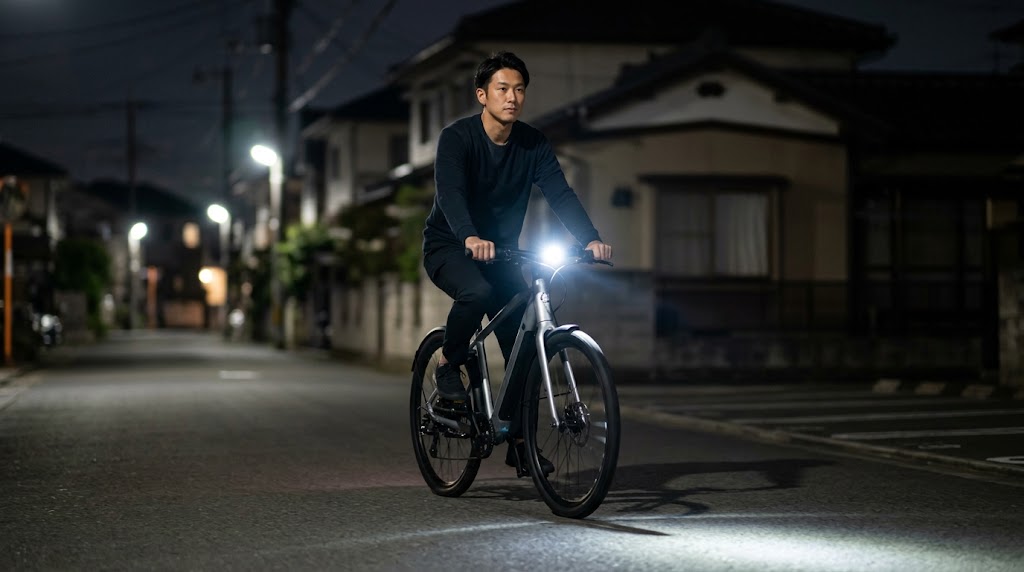 バッテリー残量ゼロ表示後も、リザーブ給電機能でヘッドライトを点灯させながら暗い夜道を走行する日本人男性の姿。