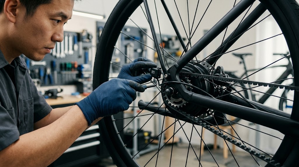 電動アシスト自転車のスピードセンサーとベルトドライブ機構を点検・整備するメカニックの手元クローズアップ