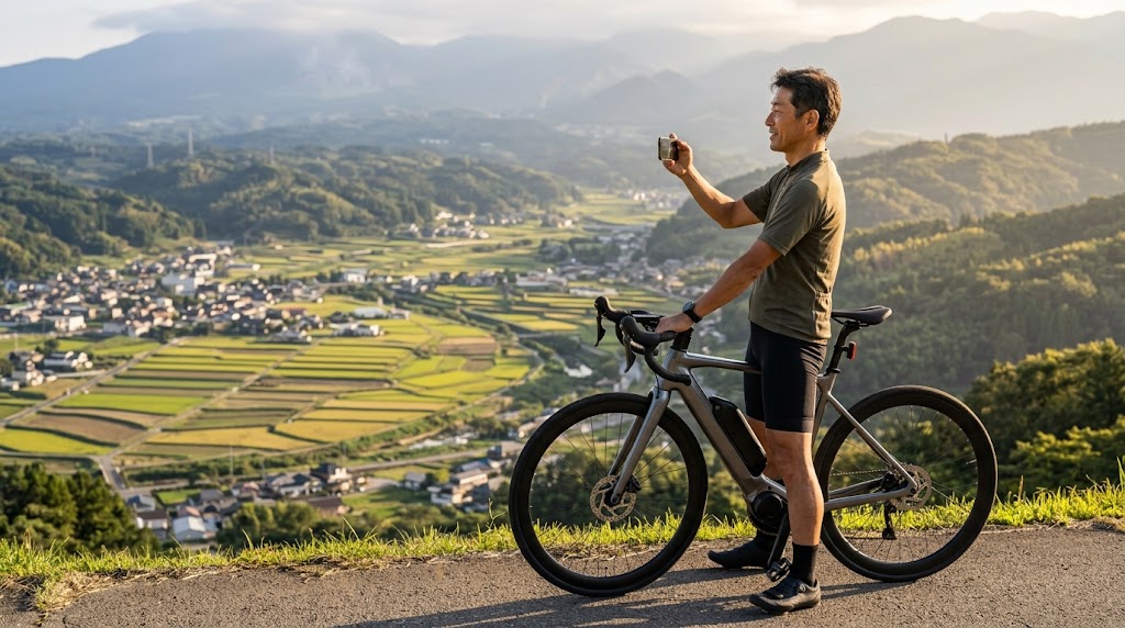 電動アシスト自転車でのロングライドを楽しみ、丘の上の展望スポットで体力を温存したまま景色を眺める日本人男性。