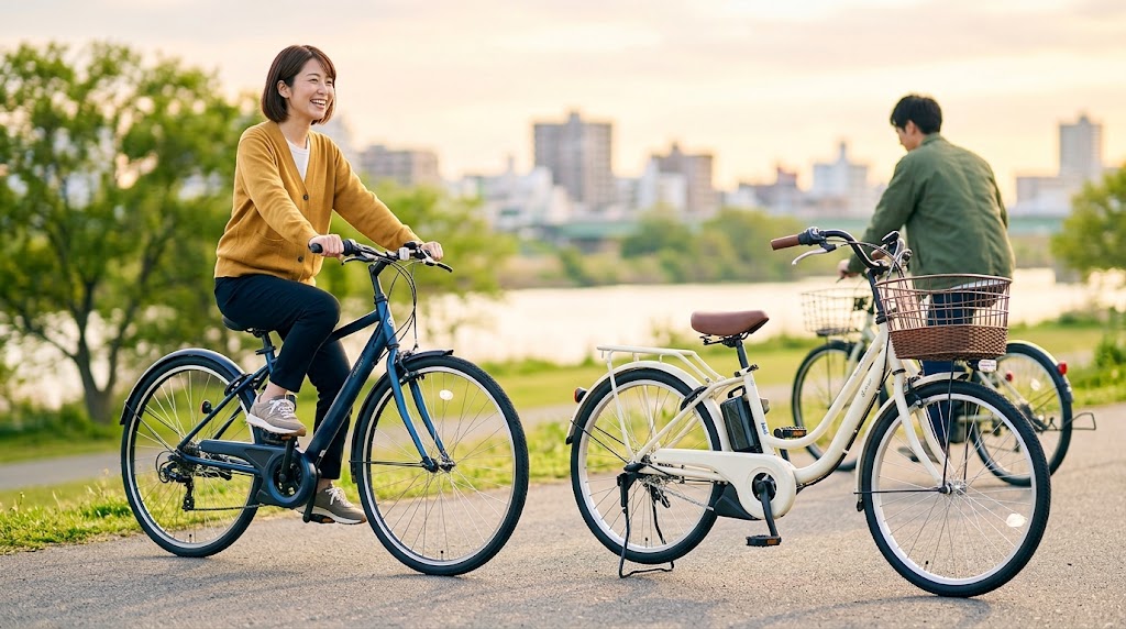 晴れた日のリバーサイドで、異なるタイヤサイズの電動アシスト自転車が並んでいる。手前のコンパクトな24インチと、奥の標準的な26インチが、多様な生活シーン（買い物、サイクリング）を暗示する。