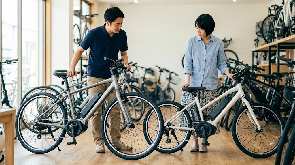 自転車販売店で、異なるタイヤサイズの電動アシスト自転車を比較する日本人夫婦。