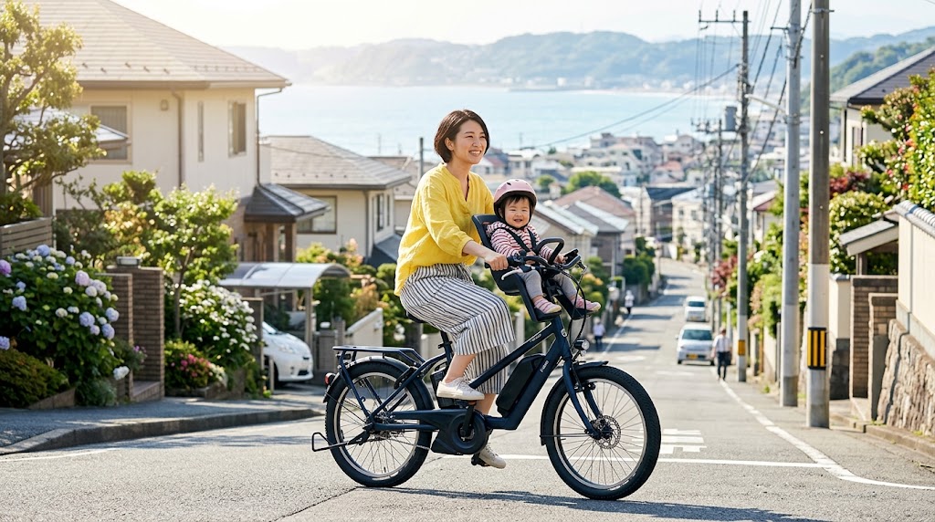 日当たりの良い住宅街の坂道を、電動アシスト自転車に乗って爽やかな笑顔で軽やかに登っていく日本人女性の様子