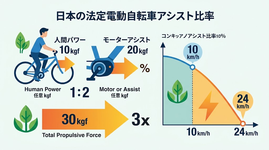 電動アシスト自転車の法律に基づくアシスト比率を模式的に表した図。時速10km未満で人の力1に対してモーターが最大2の力で補助することを示している。