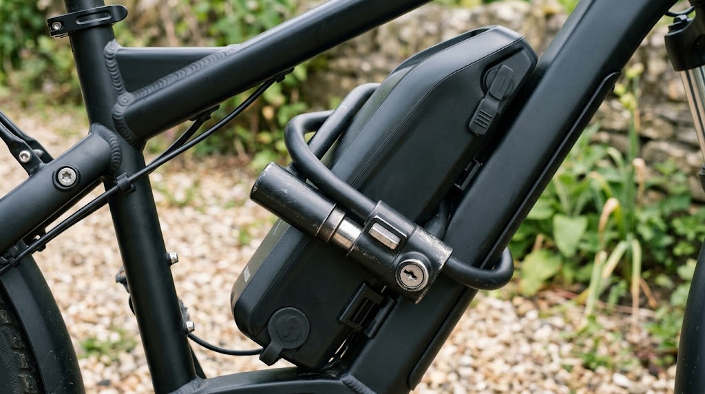 電動アシスト自転車のバッテリー取っ手とフレームを強固に連結する小型U字ロックの施錠クローズアップ