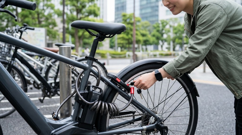 駐輪場で電動自転車の後輪サークル錠と頑丈なワイヤーロックを施錠する日本人女性の手元。盗難対策をしっかりと行うことで得られる安心感と、メーカーの手厚い補償制度をイメージ。