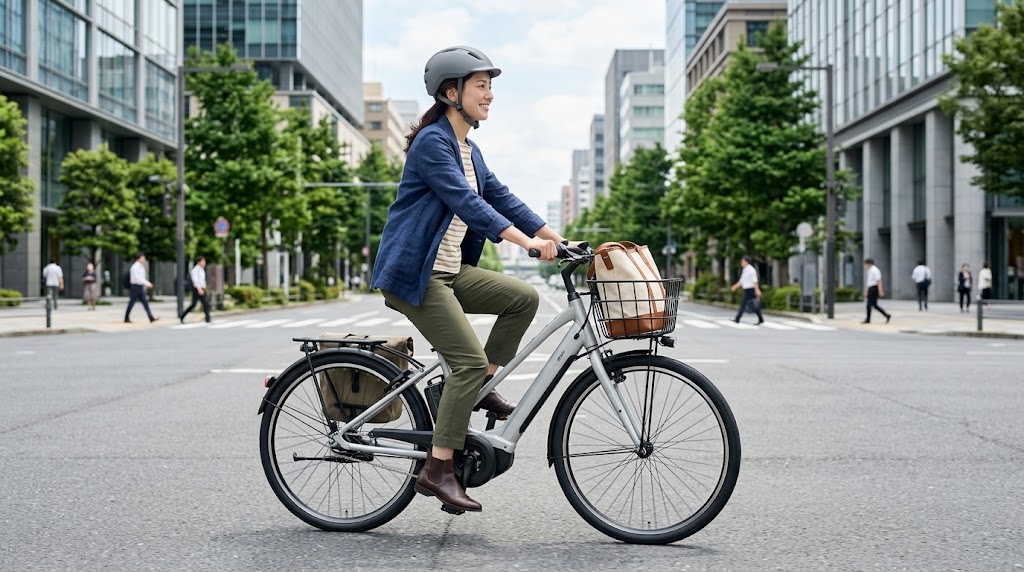 街中の舗装路を電動アシスト自転車で軽やかに漕ぎ出す日本人女性。自然な乗車姿勢と快適な走行感を表現した写真。